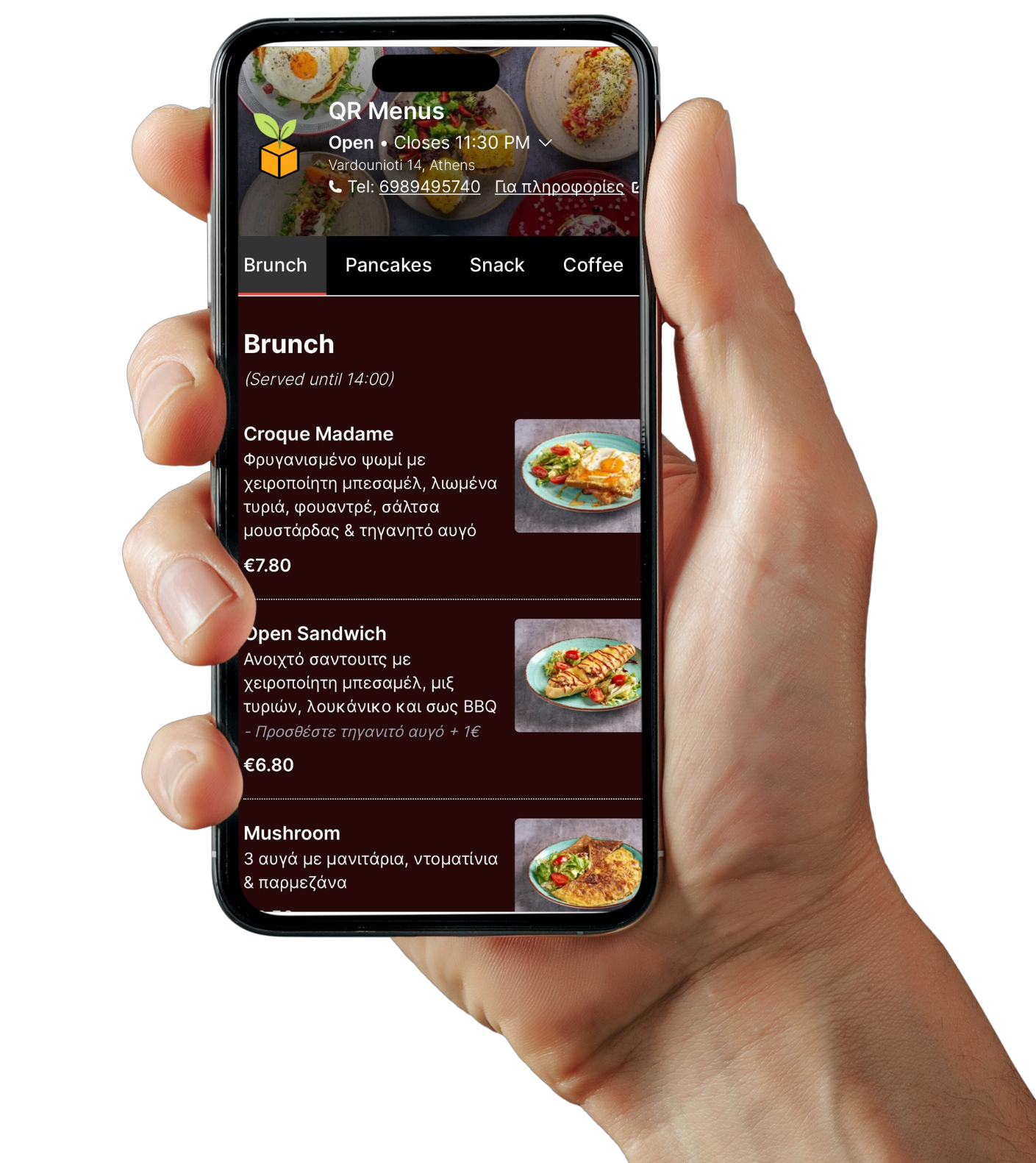 A hand holding a smart phone showing a QR Menu